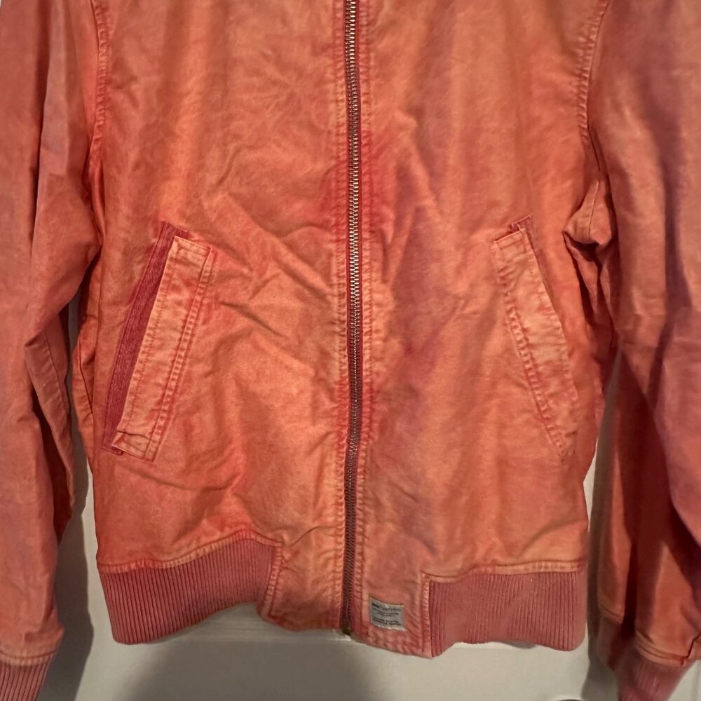 Zara Washed Coral Bomber Jacket L 100% Cotton Ribbed Hem & Cuffs Zip Closure - Picture 8 of 9